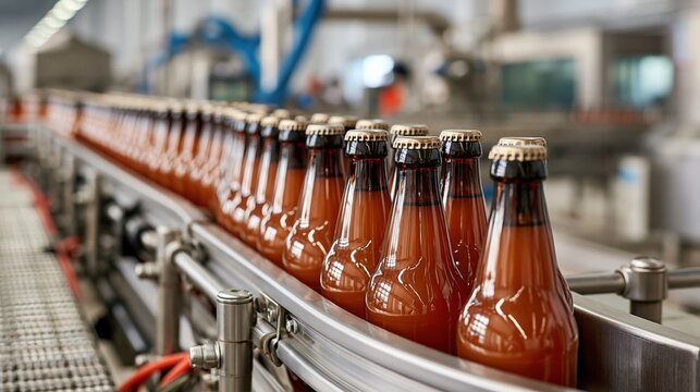 Automated Beverage Bottling Line: Mass Production of Glass Bottles on a Conveyor Belt in a Factory