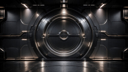Fototapeta premium A futuristic metallic vault door with intricate circular design, set in a dimly lit industrial environment, evoking security and advanced technology.