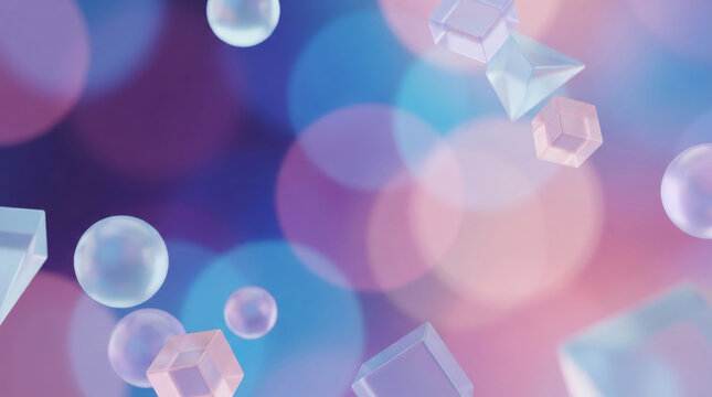 Translucent sphere and cube shapes float in soft pastel light with dreamy and calming atmosphere