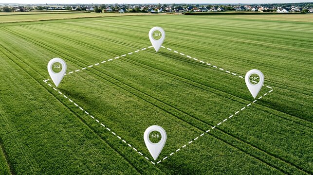 Aerial view of a vast green agricultural field with location pins marking boundaries for land surveying and property development