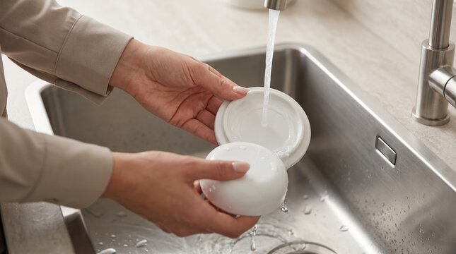 White plastic containers being washed under tap water in stainless steel sink by