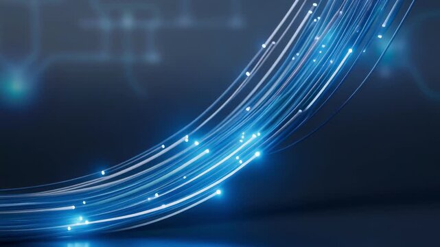 Glowing fiber optic cables transmitting bright blue light in a dynamic glowing stream
