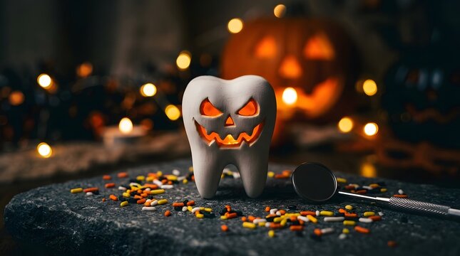 A spooky tooth carved like a jack o lantern wishing everyone a very happy halloween celebration tonight