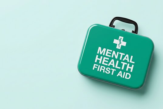 Green mental health first aid kit with medical snake symbol isolated on light teal background for wellness campaigns and clinical psychological support resources.