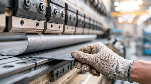 Skilled worker operates industrial press brake machine for precise metal sheet bending in manufacturing facility
