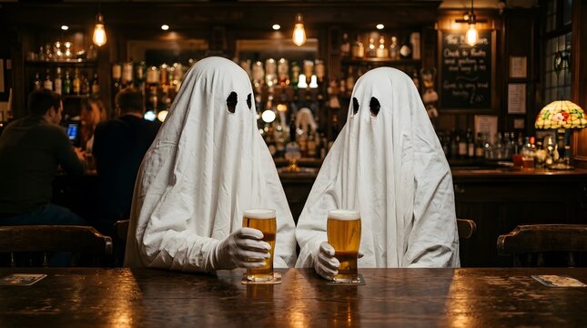 Two people wearing ghost costumes sitting at a pub bar drinking beer to celebrate a happy halloween