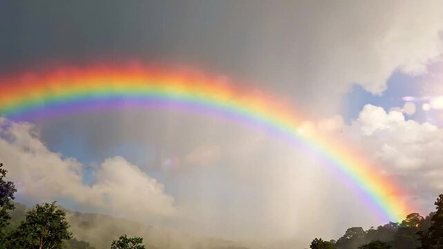 Bright Vivid Rainbow Stretching Across Cloudy Sky and Forest Hills