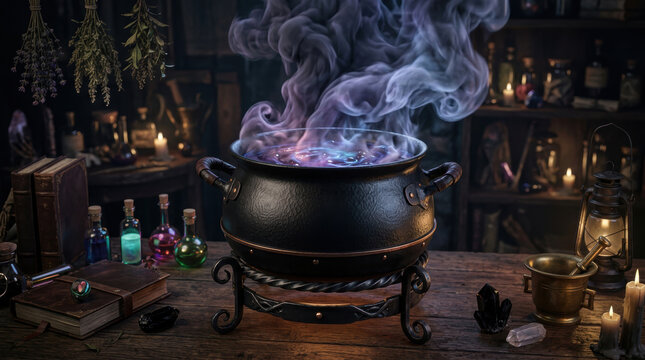Halloween cauldron with magical potion and smoke on wooden table in dark room background with candles and herbs