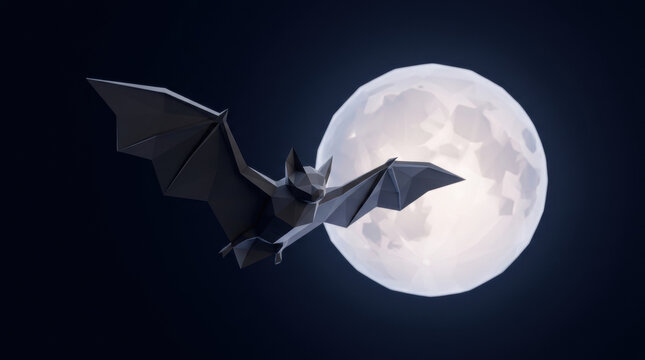 Dark bat flies in front of glowing full moon creating spooky halloween background perfect for eerie night scenes and festive designs