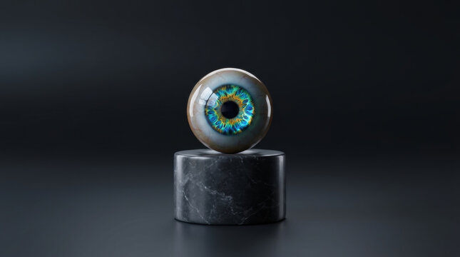 Artificial eye with blue iris on black marble stand in dark halloween background creating mysterious mood