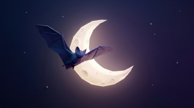 Dark bat flies in front of glowing crescent moon in spooky halloween background with stars shining in night sky