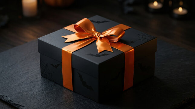 Halloween gift box wrapped with orange ribbon on dark background with candlelight creating spooky atmosphere for celebration