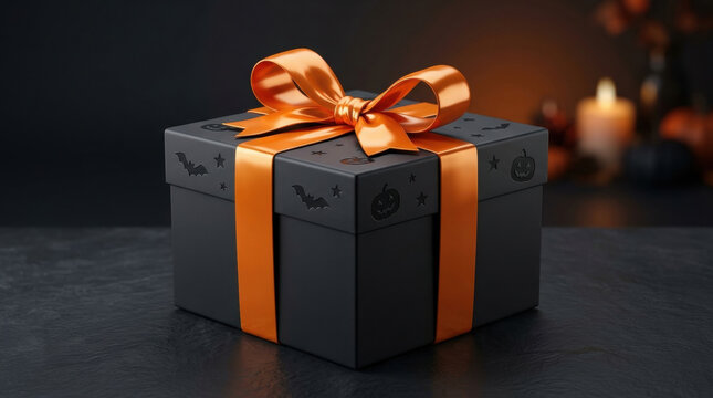 Halloween gift box with orange ribbon and spooky decorations, festive present with pumpkin and bat motifs, dark background with candlelight glow