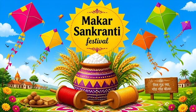 Makar sankranti festival background with kites, pot, and wheat on a sunny day