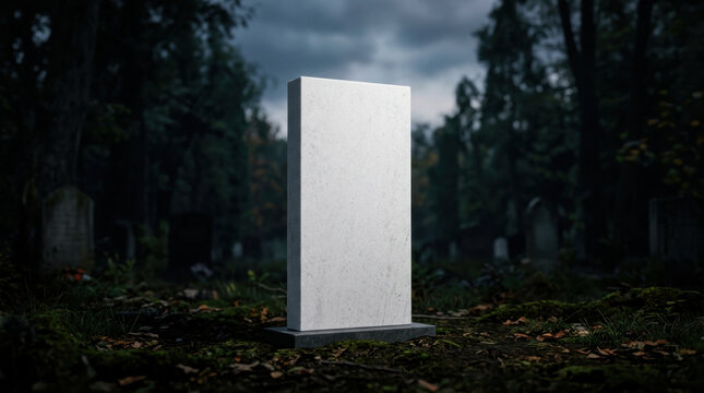 Empty tombstone in dark forest cemetery creates spooky halloween background with eerie atmosphere and mysterious mood