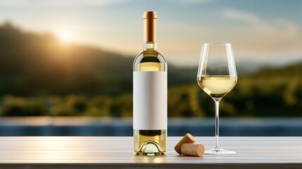 Naklejka premium Elegant White Wine Bottle and Glass with Blank Label on Table with Winery Vineyard Landscape at Sunset