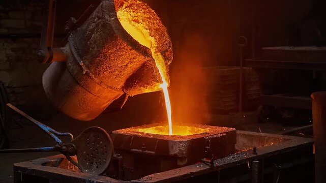 Glowing molten metal pouring from heavy crucible into fiery mold in industrial metal casting process