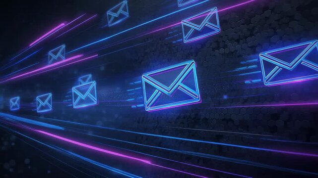 Futuristic digital envelopes streaking through a cyber grid rapidly delivering high speed data transfers