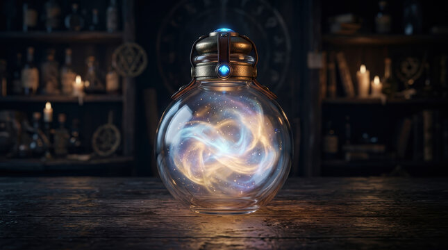 Magical glowing potion bottle with swirling light inside sits on wooden table in dark halloween background filled with candles and shelves