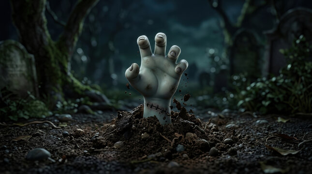 Creepy zombie hand rising from soil in dark eerie forest halloween background creating spooky and chilling atmosphere for night