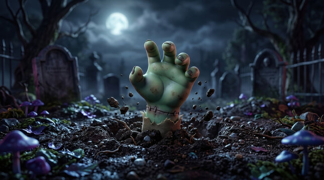 Zombie hand rising from grave in dark cemetery with full moon halloween background creating spooky atmosphere