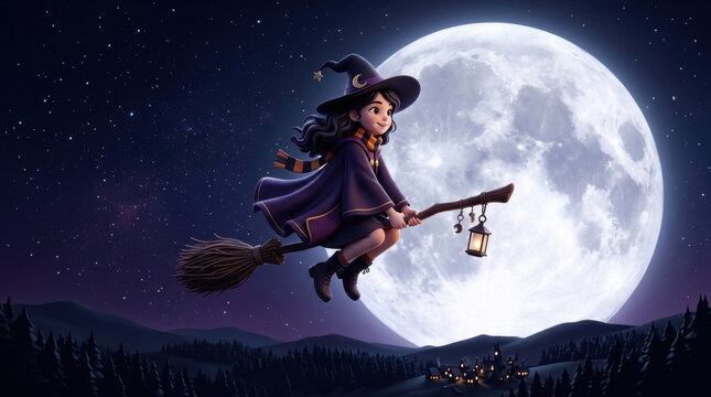 Young witch flying on broomstick with lantern in front of full moon over dark forest and village creating magical halloween background