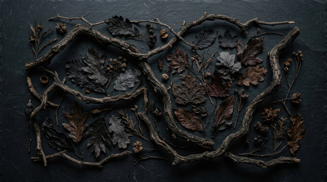 Dark autumn halloween background dry leaves branch nature seasonal texture halloween background with dark dry leaves and twisted branches creating