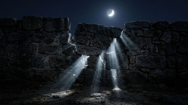 Moonlight shines through broken stone wall creating mysterious halloween background with dark night sky and eerie atmosphere