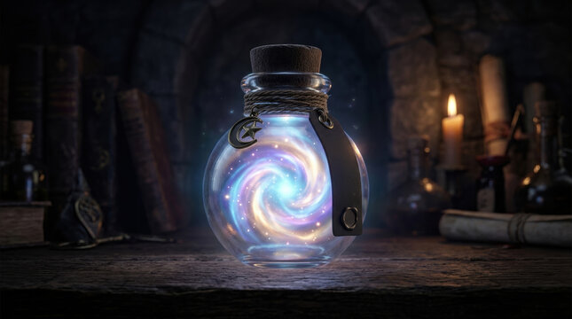 Magical potion bottle glowing with swirling light on wooden table in dark room with candle and old books halloween background