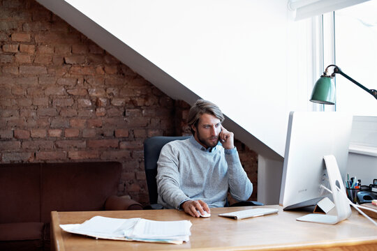Computer, call and business man in home office for contact, negotiation and remote legal assistant. Paralegal, WFH or online for communication with phone conversation, mediation and legislation email