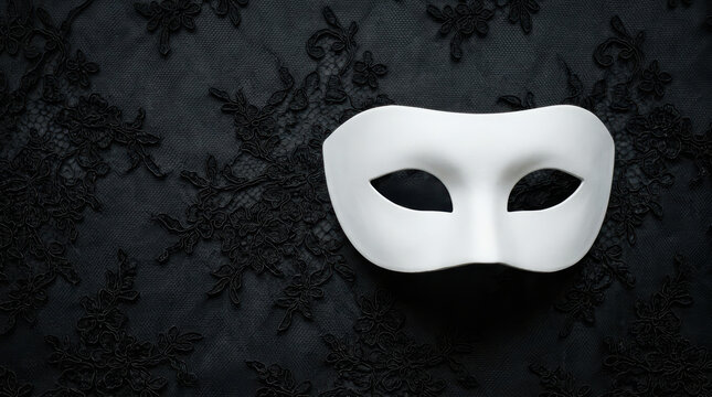 White mask on black lace fabric creates mysterious halloween background with elegant and spooky atmosphere for celebration or party