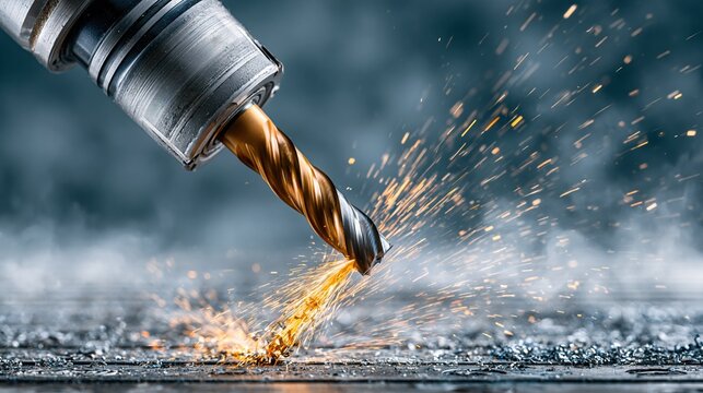 Close-up of industrial drill bit creating sparks while drilling into metal surface with precision