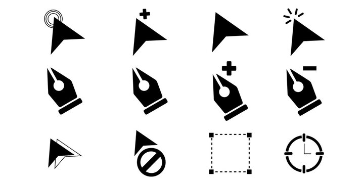 Black pentool curser, selection, symbol icon flat vector design set 