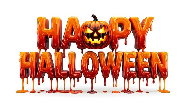 A spooky happy halloween typography design featuring melting orange letters and a glowing carved jack o lantern pumpkin