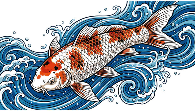 Beautiful orange and white koi fish swimming in blue water waves isolated on white background