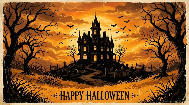 Vintage style illustration of a spooky haunted house at night with the text happy halloween displayed below