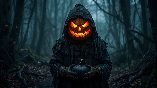A spooky hooded figure with a glowing pumpkin head standing in a dark forest for happy halloween