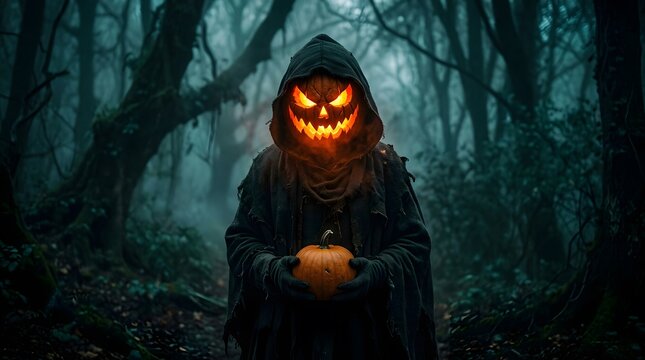 A spooky hooded figure with a glowing pumpkin head stands in a dark forest for a happy halloween
