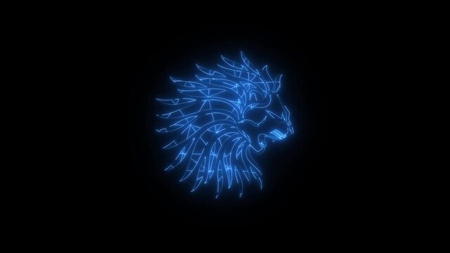 Glowing blue lion head made of digital light particles