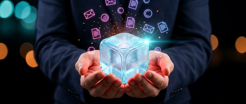 Hands holding glowing cube with flying digital icons representing data and communication technology concepts on dark background.
