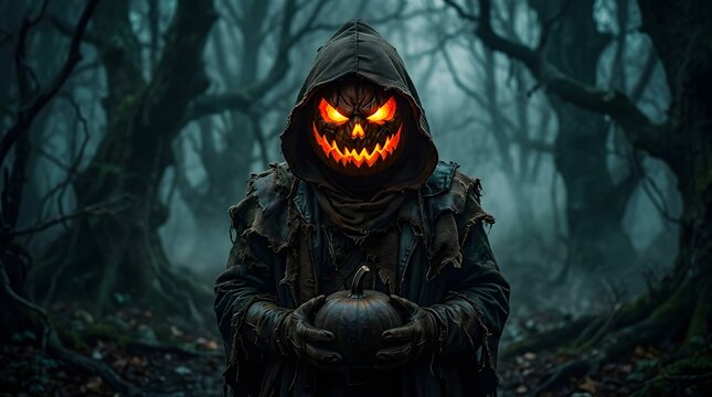 A spooky hooded figure with a glowing pumpkin head standing in a dark forest for happy halloween