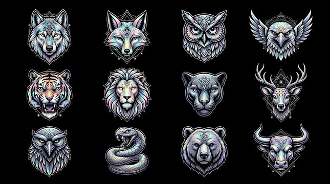 Animal Tribal Sipirit collection featuring fierce predator heads with mystical symbols
