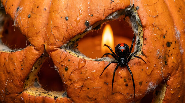 Black widow spider on carved Halloween jack-o-lantern