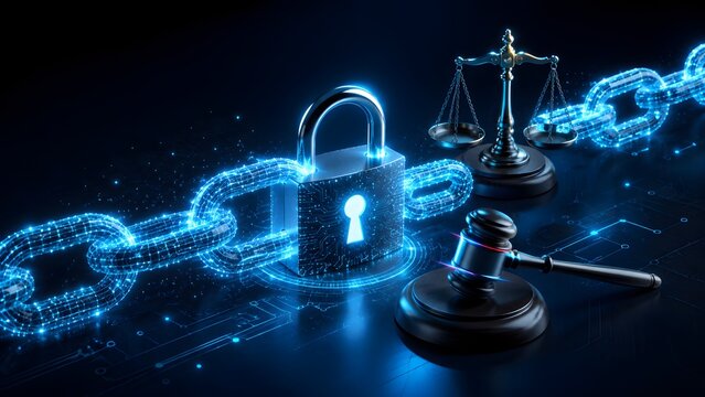 Digital padlock on a glowing blockchain with scales of justice and a gavel, symbolizing legal protection and security in the digital era.