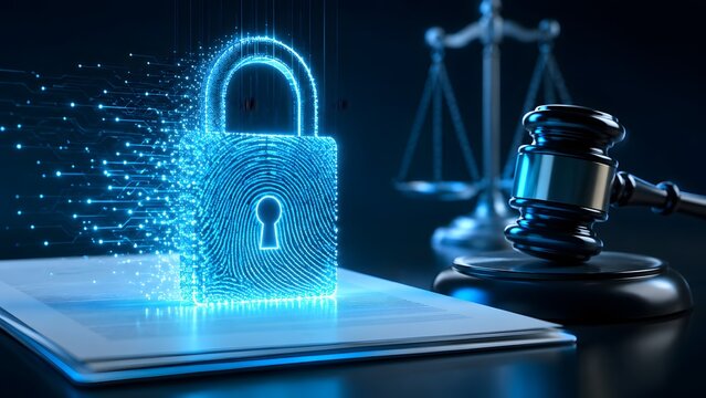 Highlighting the critical intersection of digital cybersecurity, legal compliance, and data protection, visualized through a secure glowing padlock and justice scales.