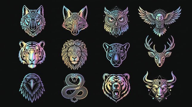 Animal Tribal Sipirit collection featuring ornate wildlife vector graphic illustration set