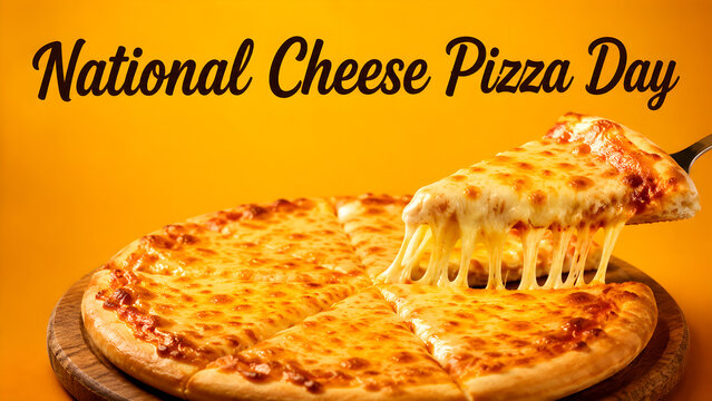 A slice of delicious cheese pizza being lifted with melted cheese strings on a yellow background for National Cheese Pizza Day.