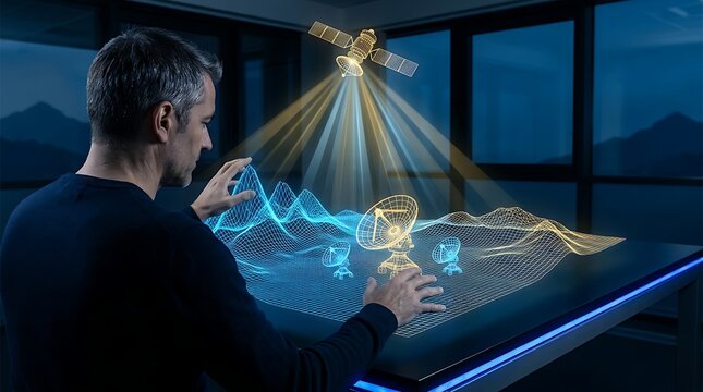 Man interacting with futuristic holographic display of satellite communication network over terrain map for global connectivity concept.