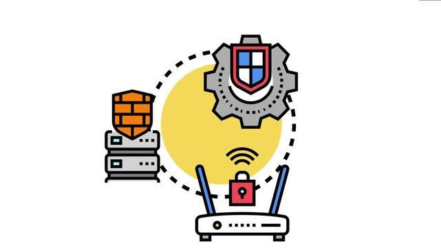 Digital security system protecting data and information infrastructure, with a firewall shielding servers and a secure wireless router ensuring network safety