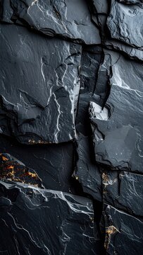 Close-up of dark, cracked stone surface with white veining and golden accents.